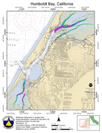 Humboldt Bay multibeam bathymetry, colored by depth