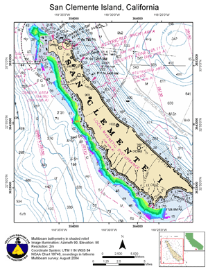 San Clemente Island, multibeam bathymetry, colored by depth